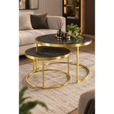 Sulora Home Sulorahome Gold Metal Mermer Desenli 2'li Yuvarlak Orta Sehpa Seti Siyah ve Gold