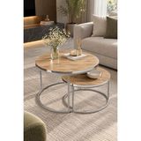 Sulora Home Sulorahome Gümüş Metal Ayaklı Ceviz Desenli 2'li Yuvarlak Orta Sehpa Seti