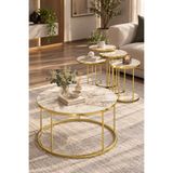 SuloraHome Efes Beyaz Mermer Desenli Gold Metal Ayaklı 4'lü Sehpa Seti