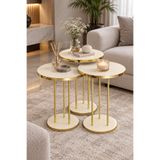 SuloraHome Krem Bej 3'lü Yuvarlak Zigon Sehpa Takımı Gold Metal Ayaklı