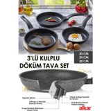 Sultan 3'lü Alkar Saplı Döküm Tava Seti Yanmaz Yapışmaz Thermo Granit Tava Seti 20-24-28 Cm