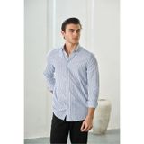 Sulti Slim Fit Lacivert Çizgili Düğmeli Yaka %100 Pamuk Flamlı Keten Görünümlü Gömlek