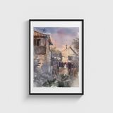 Suluboya Sokak Manzarası Tablo Çerçeveli Poster Duvar Dekorasyonu - 50 x 70 - Siyah Çerçeveli