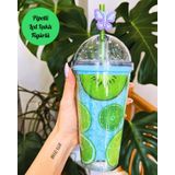 Suluk Pipetli Meyve Görselli Led Işıklı 450 ML Çift Katman Mika Su Şişesi 2096 Kiwi