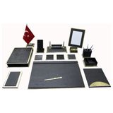 Sümen Dünyası Hanedan Gold-Siyah 15 Parça Isimlikli Evrak Raflı Bayraklı Ofis Masa Üstü Sümen Takımı Lüx - Altın - Siyah - DERİ - 51*37