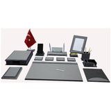 Sümen Dünyası Hanedan Gri-Siyah Isimlikli Evrak Rafı Resim Çerçevesi Bayraklı Lüx 15 Parça Sümen Takımı - Gri - Siyah - DERİ - 51*37