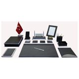 Sümen Dünyası Hanedan Gümüş-Siyah 15 Parça Isimlikli Evrak Raflı Resim Çerçeveli Bayraklı Ofis Masa Üstü Sümen Takımı - Siyah - Gümüş - DERİ - 51*37