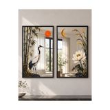sümercam Gün ve Gece Turna ve Lotus Desenli Aynalı Tablo 2’li Set 58x40 cm Siyah Metal Çerçeveli