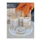 Sümeyra Marble Art Light Sugar - Beyaz Üzeri Sarı Geçişli Doğal Mermer Banyo Seti 5li