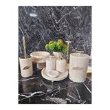 Sümeyra Marble Art Sumeria - Doğal Bej Mermer Banyo Seti | 9 Parça | Gold | Mermer Kase | Cam Kulplu | Altın