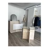 Sümeyra Marble Art Traverten Ayakli Cam Masa- Yuvarlak Form-temperli Cam Bej