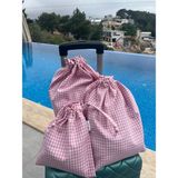 Sumicorn Design Pötikareli Ekolojik Bez Kese, Büzgülü Ipli Bavul Düzenleyici Kese,seyahat Çantası,3'lü Set - Pembe
