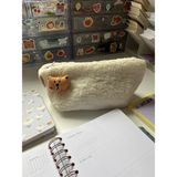 Sumicorn Design Sevimli Ayıcık Peluş Yıkanabilir Fermuarlı Pötikare Astarlı Bez Kalemlik Kalem Kutusu Makyaj Çantası - Kahverengi