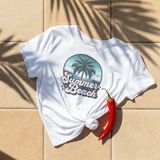 Summer Beach Baskılı Oversıze Retro Vintage Bisiklet Yaka Pamuklu Kadın ve Erkek Tshırt - Beyaz - XL