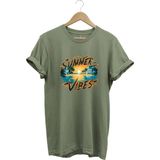 Summer Vibes Baskılı Yazlık Tatil Deniz %100 Pamuk Regular Fit Bisiklet Yaka T-Shirt - Haki