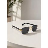 SUN PEARL Single Çerçevesiz Dikdörtgen Siyah Cam Gold Detaylı UV400 Unisex Güneş Gözlüğü