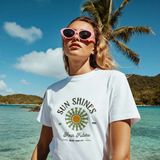 Sun Shines Baskılı Oversıze Retro Vintage Bisiklet Yaka Pamuklu Kadın ve Erkek Tshırt - Beyaz - XL
