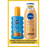 Sun SPF50 Güneş Koruyucu Bronzlaştırıcı Vücut Spreyi 200ML ve Sıkılaştırıcı Bronzluk Losyonu 250ML