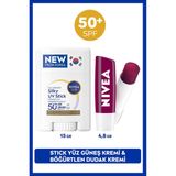 SUN SPF50 Güneş Koruyucu Kore Stick Yüz Kremi 15gr ve Böğürtlen Renkli Nemlendirici Dudak Kremi