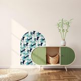 Suna Design Japon Dalgaları Oval Duvar Sticker, Lacivert Turkuaz Krem, Folyo Malzeme, Kemerli Tasarım, Modern Minimal Sanatsal, 70x95 cm veya 85x115 cm (Boyut 1)