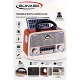 SUNASK Güneş Enerjili Bluetooth Radyo USB SD Kart Destekli Ledli El Fenerli Taşınabilir Nostaljik Müzik Çalar