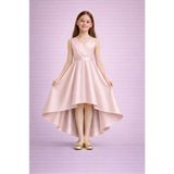 Suneh Butik Kız Çocuk Pudra Abiye Elbise –kruvaze Yaka Asimetrik Kesim, Mezuniyet & Düğün Elbisesi - Pudra Pembe - 10 - 11 Yaş
