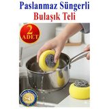 Süngerli Bulaşık Teli Ovma Teli 2 Adet Pratik Sünger Toptel Sürtme Teli Lavabo Mutfak Banyo Temizlik Teli Sert Yüzey