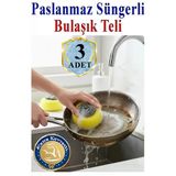 Süngerli Bulaşık Teli Ovma Teli 3 Adet Süngerli Toptel Sürtme Teli Lavabo Mutfak Banyo Temizlik Teli Sert Yüzey