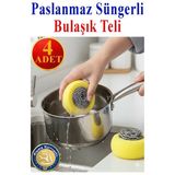 Süngerli Bulaşık Teli Ovma Teli 4 Adet Pratik Sünger Toptel Sürtme Teli Lavabo Mutfak Banyo Temizlik Teli Sert Yüzey