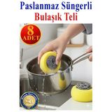 Süngerli Bulaşık Teli Ovma Teli 8 Adet Pratik Sünger Toptel Sürtme Teli Lavabo Mutfak Banyo Temizlik Teli Sert Yüzey