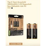 Sungur's Store Type-C Şarjlı 2800MWH 1.5V Şarj Edilebilir 2’li Aa5 Kalın Pil - Lityum Iyon Batarya - Acı Kahverengi - Bej