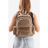Suni Deri Kadın Sırt Çantası 38*28 cm Mega Bag Günlük Kullanıma Uygun Çok Cepli Içi Astarlı - 38 x 28 cm - Vizon
