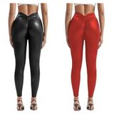 Suni Deri Tayt, Arkası Büzgülü, Normal Lastik Bel, Siyah,Kırmızı ve 2 'li Set Seçenekleri,Fitness,Spor,Yogo (2'li SET, XL)
