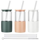 Sunseeke Kapaklı ve Pipetli Cam Bardaklar, Silikon Kılıf, Temizleme Fırçaları, Su İçme Bardakları, Buzlu Çay veya Kahve, Smoothie ve Daha Fazlası - BPA İçermez (Kumlu Bej, Beyaz, Kayrak mavi-gri)