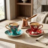 Sunum Luxe Turkuaz & Kırmızı Çiçek Desenli 2’li Porselen Kahve Fincan Takımı - Renkli - 90 ml