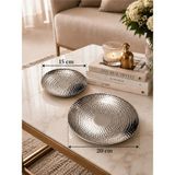 SUNVERA ÇELİK 2’li Metal Dekoratif Masa ve Orta Sehpa Aksesuarı 15 cm + 20 cm Gümüş Anahtarlık Şekerlik Çikolatalık Sunum Tabağı