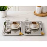 Sunvera Çelik 6'lı Kare Paslanmaz Çelik Sunum Tepsisi 22X22 cm Gold Çiçek Aksesuarlı Gümüş Aynalı Kahve Çay Lokum Çikolata Servis ve Ikram Tepsisi
