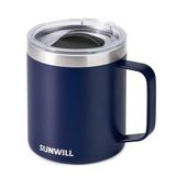 SUNWILL 14 oz Kahve Kupası, Vakum Yalıtımlı Kapaklı Kamp Kupası, Çift Duvarlı Paslanmaz Çelik Seyahat Bardağı Fincanı, Açık Kahve Termosu, Toz Kaplı Lacivert