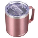 SUNWILL Kulplu Kahve Kupası, 14 oz Yalıtımlı Paslanmaz Çelik Kahve Seyahat Kupası, Çift Duvarlı Vakumlu Yeniden Kullanılabilir Kapaklı Kahve Kupası, Gül Altın