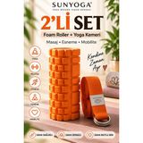 SUNYOGA Foam Roller ve Yoga Kemeri Seti Orta Sert EVA Masaj Rulosu 33x14 cm 200 cm Pamuk Kemer - Turuncu