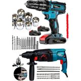 Süper 2li 1500 Watt 2.28 Kırıcı Delici Matkap & 2x Akülü Şarjlı Vidalama Matkap 30 Pcs Set