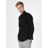 Super Slim Fit Shirt Neck Erkek Siyah Uzun Kol Gömlek