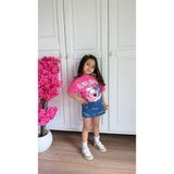 Superbaby Lilo ve Stich Desenli Kız Çocuk Pembe Tişört Şortlu Denim Etek Takımı - 3 - 4 Yaş