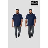Superlife Büyük Beden Erkek Basic Bisiklet Yaka 2'li Tişört Seti 3xl-6xl SPR26BTS510+2 - LCV-Lacivert - 5XL