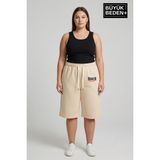 Superlife Büyük Beden Kadın Bermuda Şort Rahat Kalıp Brooklyn 1970 Baskılı SPR26BSRK591-03 - 5XL - 02S-Bej