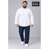 Superlife Erkek Büyük Beden Bisiklet Yaka Süprem Ince Uzun Kollu Oval Etek Tişört SPR26BTS943 - 5XL - White