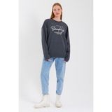 Süperlife Kadın Bisiklet Yaka Regular Fit El Yazılı Brooklyn Ince Sweatshirt SPR23SWK331 - Antrasit