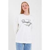 Süperlife Kadın Bisiklet Yaka Regular Fit El Yazılı Brooklyn Ince Sweatshirt SPR23SWK331 - Ecru - 2XL