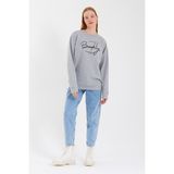 Süperlife Kadın Bisiklet Yaka Regular Fit El Yazılı Brooklyn Ince Sweatshirt SPR23SWK331 - Gri - Melanj - XL