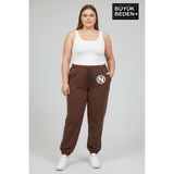 Superlife Kadın Büyük Beden N Logolu Paça Lastikli Rahat Kesim Jogger Ince Eşofman Altı SPR26BEAK951-4 - 5XL - 01-Kahverengi